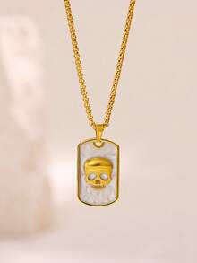 1Pc Gothic Style Skull Square Pendant Necklace, Punk Drip Oil Skull Gold Stainless Steel Necklace, Unisex Jewelry Fashion Accessories, Halloween And Christmas Gifts