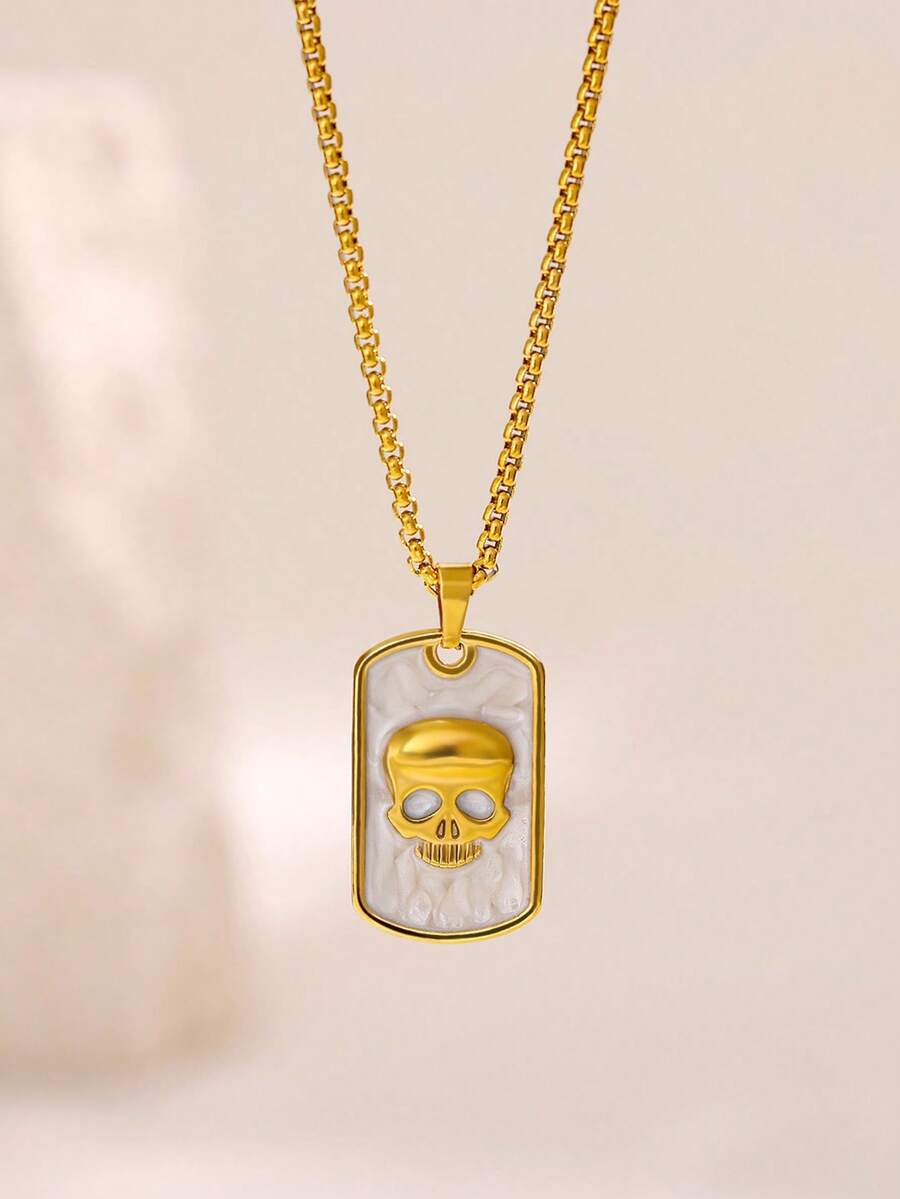 1Pc Gothic Style Skull Square Pendant Necklace, Punk Drip Oil Skull Gold Stainless Steel Necklace, Unisex Jewelry Fashion Accessories, Halloween And Christmas Gifts