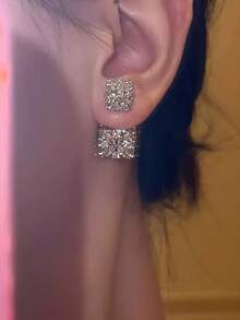 2pcs Elegant Square Cubic Zirconia Stud Earrings, Fashionable Four-Leaf Clover Design, Wedding Party Dress Earrings, Delicate Gift - Multicolor - View 6