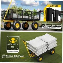 Heavy-Duty Mesh Steel Garden Cart (900 Lbs Capacity) – Folding Utility Cart With Removable Sidewalls, 10-Inch Tires & ATV/Tractor Handle (Black-Yellow) - Màu vàng - Xem 4