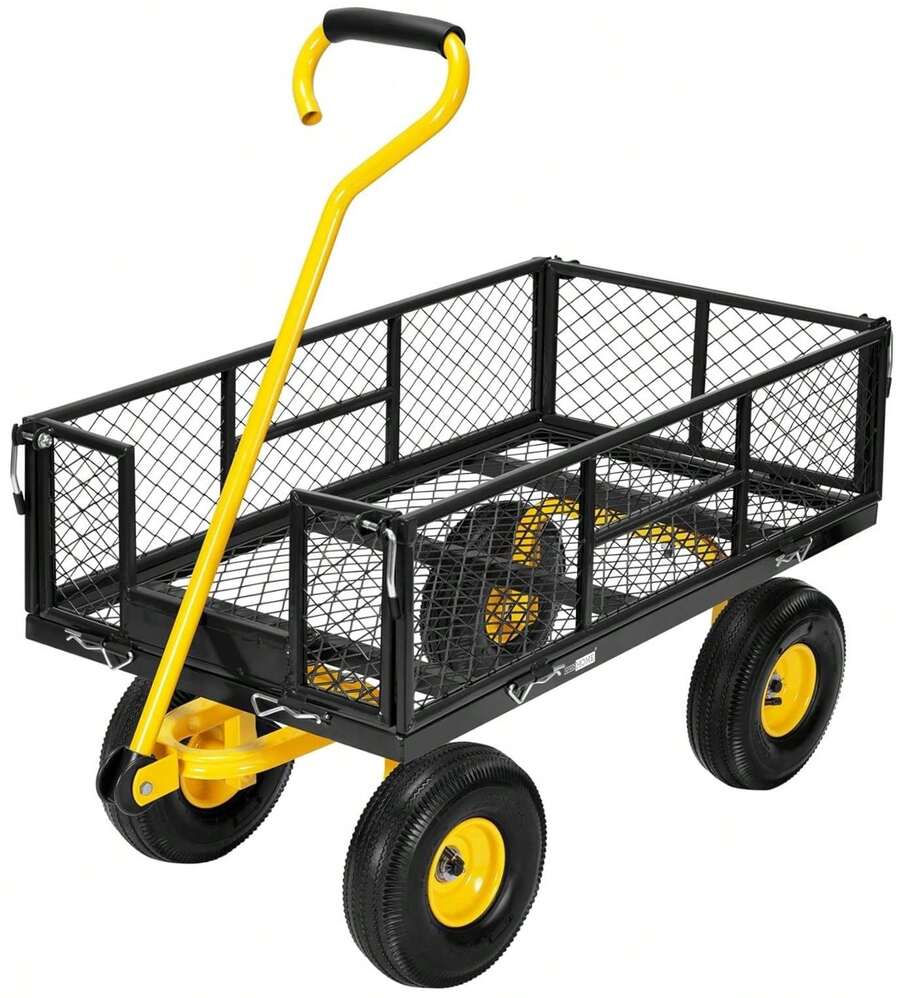 Heavy-Duty Mesh Steel Garden Cart (900 Lbs Capacity) – Folding Utility Cart With Removable Sidewalls, 10-Inch Tires & ATV/Tractor Handle (Black-Yellow) - Màu vàng - Xem 1