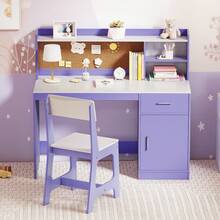 Lifezeal Kids Study Desk And Chair Set Wooden Children Writing Table With Shelves & Drawer - Purple - View 6