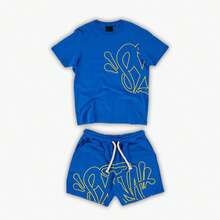 Men's Casual Street Fashion Hip-Hop Suit, Men's T-Shirt Printed Shorts Short-Sleeved Shirt Suit Two-Piece Set - 深藍色 - 查看 3