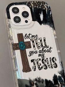 Religious Cross Design With Turquoise Flower And Inspirational Quote "Let Me Tell You About My Jesus" Transparent Personalized UV Printed Phone Case Suitable For IPhone 16/16Plus/16Pro/16ProMax 13/13Pro/13ProMax 12/12Pro/12ProMax 11/11Pro/11Pro Max 7/8 X/Xs - 透明 - 查看 4