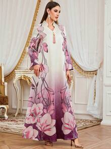 Women's Arabic Middle Eastern Ramadan V-Neck Long Sleeve Jacquard Print Dress With Tassel, Suitable For Eid Al-Fitr, Eid Al-Adha, Home Party, Date, Casual, Elegant Vintage Abaya