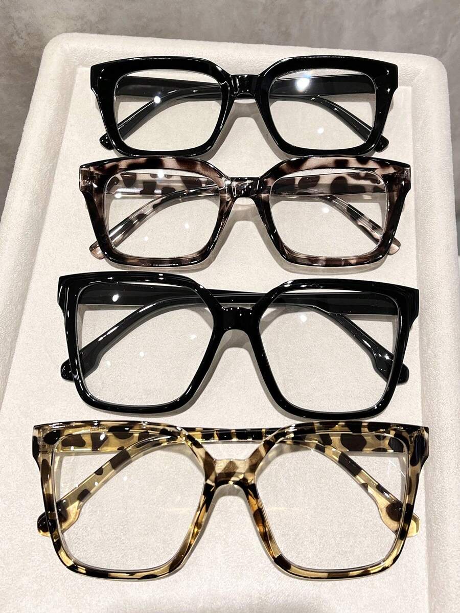 4pcs Leopard Print Plastic Geometric Full Frame Personalized Ins Style Transparent Glasses, Suitable For Music Festivals, Back To School Season, Weekend Outfits, Daily Life, Holiday Gifts, Fashion Accessories, Fits All Face Shapes - 4 miếng đậu phụ đen trắng kết hợp - Xem 1