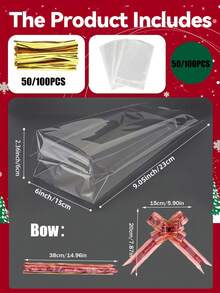 50/100个透明三角玻璃纸礼品袋，配金色扭绳，可重复使用的塑料礼品包装，适用于马克杯、甜点、松饼、面包、巧克力、透明面包袋、塑料袋、饼干袋、糖果袋，适合作为零食礼品、生日派对礼物、圣诞礼品袋。 - 彩色 - 查看 9