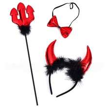 Halloween Demon Cosplay Props Accessories Set Halloween Party Demon Fork Headband Tail Ears Horns Red