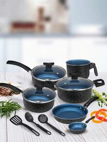 Cookware Set Casserole Set 9 Pieces Kit Nonstick Glass Lid Elegance With Cutlery - Zafiro negro - Ver 1