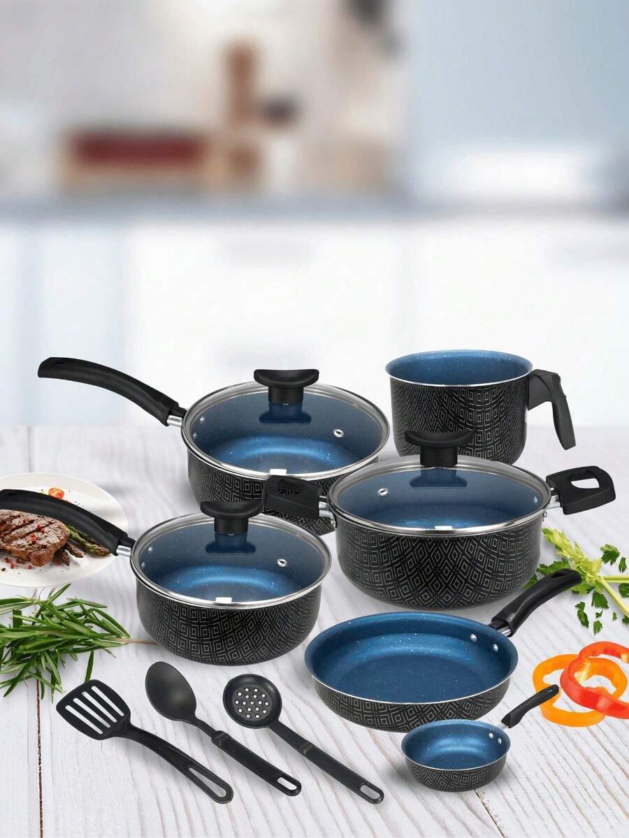 Cookware Set Casserole Set 9 Pieces Kit Nonstick Glass Lid Elegance With Cutlery - Zafiro negro - Ver 1