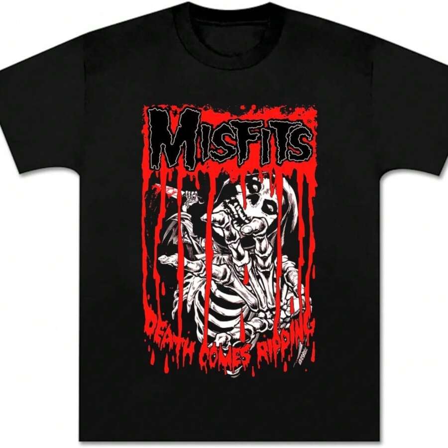 Misfits Shirt Novelty Rock Band Concert Short Sleeve For Women Death Comes Ripping Band Logo Graphic T-Shirt Unisex Black A Surprise Gift For Family And Friends Suitable For Campus Wear, Party Gathering, Daily Wear, A Good Choice - 黑色 - 查看 1