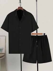 Men's Casual Short-Sleeved Lapel Shorts Set Comfortable Loose Shirt Set - 黑色 - 查看 1