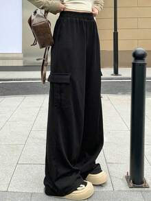 1件装少女户外休闲宽松多口袋工装裤 - 黑色 - 查看 2