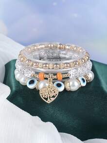 3pcs Bohemian Multi-Layer Beaded Bracelet, Vintage Evil Eye Beads, With Heart Tree Of Life Pendant, Elastic Unisex Bracelet, Suitable For Halloween Party Decoration