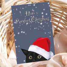 Christmas Greeting Card With Envelope - 1pc - "Have A Purrfect Christmas" Black Cat With Santa Hat Holiday Card For Anyone