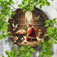1 Aluminum Sign - Santa Claus Kneeling In Manger Scene, 8x8inch Round Metal Wall Decoration, Suitable Home, Bars, Cafes, Farmhouses -, Thanksgiving, Halloween Decoration And Holiday