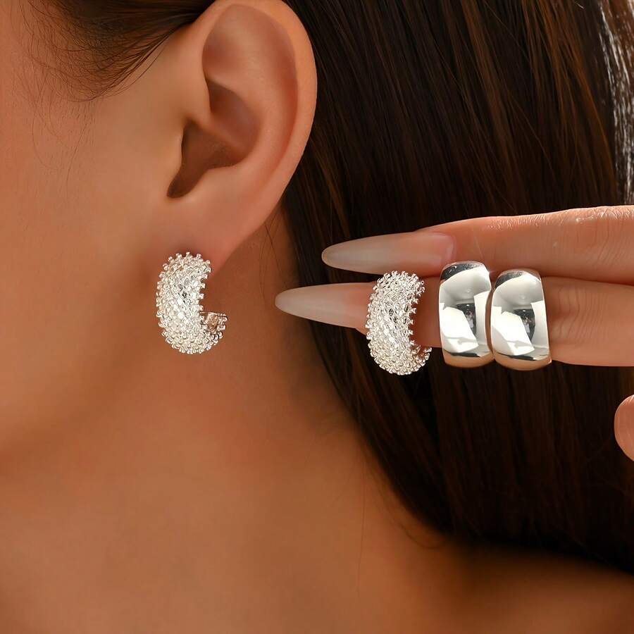 1 Set de 2 pares de pendientes ligeros y elegantes de malla y lisos con estilo vintage