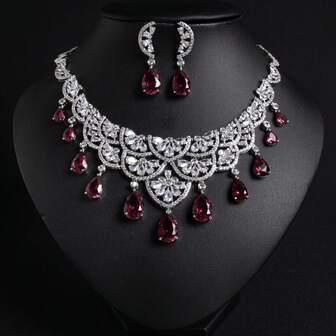 Set de 3 piezas de collar con colgante de lágrima con circonita cúbica en tono plateado, conjunto de joyas de pendientes y collar, accesorios de moda para novia, dama de honor, boda y fiesta como regalo