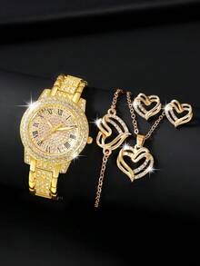 女士腕表，优雅时尚，表壳和表带镶嵌水晶，女士石英表套装，包含配套项链、耳环和手链，适合日常佩戴、生日礼物、返校季礼物、感恩节礼物、情侣礼物，最佳礼品（不含包装盒） - 金色 - 查看 2