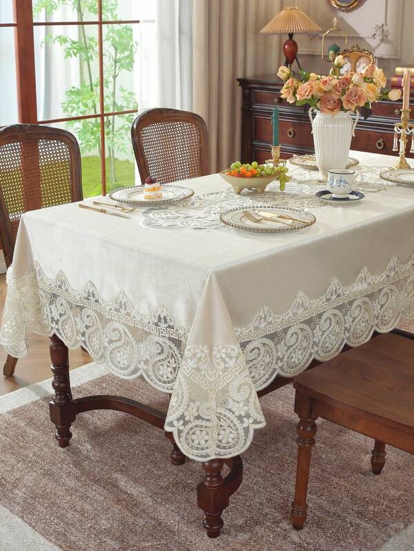 1pc Velvet Fabric Elegant 3D Golden Embroidered Lace Edge Table Cover, Rectangular Or Square, Suitable For Kitchen, Dining, Conference Tables, All Seasons, Stain & Heat Resistant, Home & Party/Wedding Decor