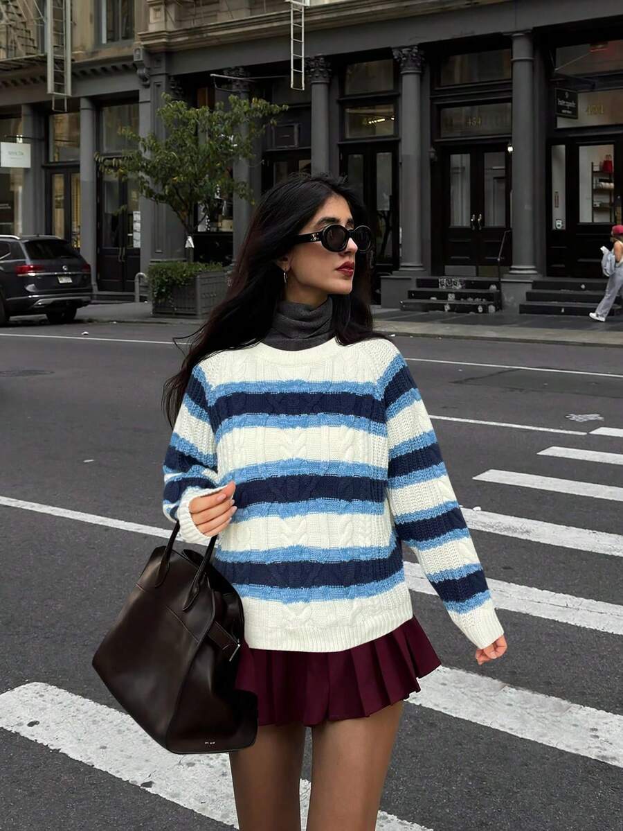 VIBEWAVE modischer, locker sitzender, lässiger gestreifter Rundhals-Pullover mit Langarm für Frauen, Neuheit für den Herbst - Verschiedenfarbig - Übersicht 1