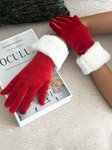 2PCS Festive Christmas Party Etiquette Gloves, Red And White Velvet Faux Fur Mouth Warm Gloves, Perfect For Weddings, Valentine's Day, And Winter Celebrations, Christmas Gloves, Christmas, Party