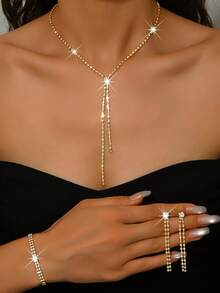 4 件时尚全水钻简约多件套珠宝礼品套装包括项链、耳环、手链，适合女士、日常佩戴、派对、女朋友、挚友 - 水鑽套裝 - 查看 14