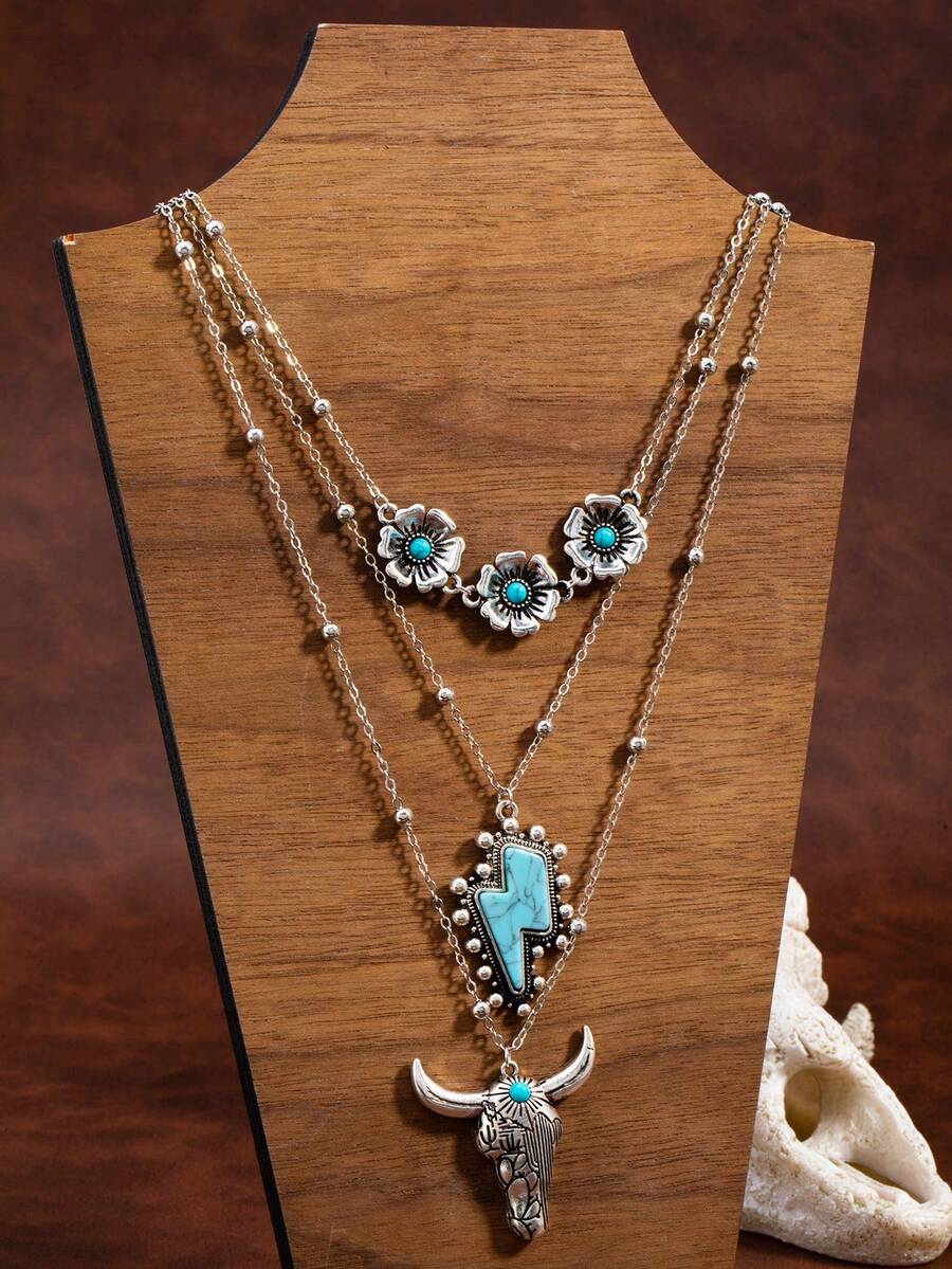 3pcs/Set Vintage Western Style Faux Turquoise Necklace Set - Multicolor 1 - View 1