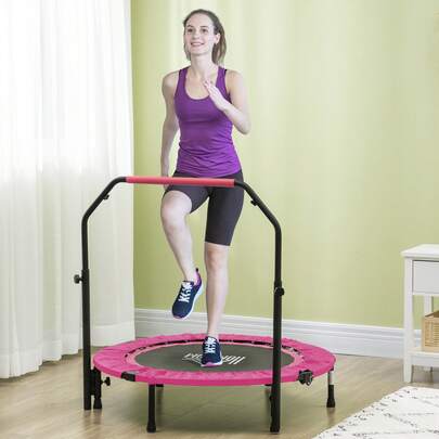 HOMCOM 40" Foldable Mini Trampoline Fitness Trampoline Rebounder For Adults With Adjustable Foam Handle, For Indoors, Outdoors, Cardio Training, Pink