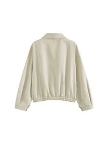 时尚纯色短款夹克女，简约格子休闲百搭飞行员夹克春秋新款上衣 - 杏色 - 查看 2