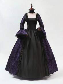 New Vintage Palace Style Printed Long Dress, Victorian Costume Performance Dress Halloween Costumes