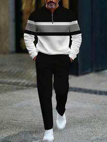 2026 Men's Spring And Autumn New Fashion Retro-Style Striped Geometric Art Pattern Print, Long-Sleeved POLO Shirt And Casual Pants Sportssuit, Suitable For Outdoor Daily Casual Suits - 混合色 - 查看 2