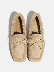 女士时尚复古绒面绒面毛绒保暖一脚蹬乐福鞋，杏仁头，百搭，保暖，蝴蝶结软底，2025秋冬新款 - 杏色 - 查看 8