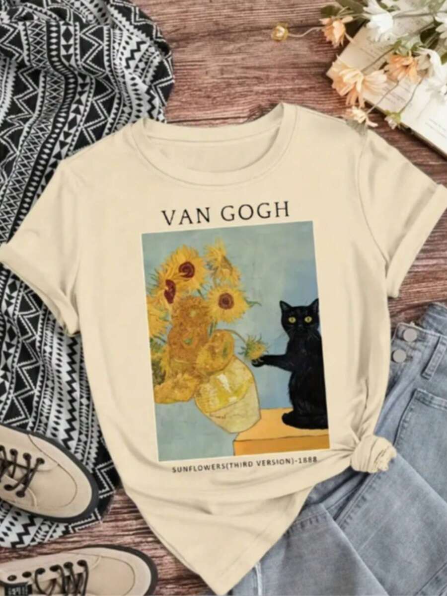 Van Gogh's Work Sunflowers Black Cat Vintage Fashion Sunflowers Basic Casual Printed Shirt - 米色 - 查看 1
