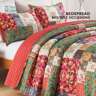 2/3pcs Quilt Set (1*Bedspread + 1/2*Pillowcase Without Filler) Floral Bedspread Coverlet Plaid Patchwork Quilt Bedding Lightweight Bedspread Reversible Home Quilts Floral Bed Cover Set