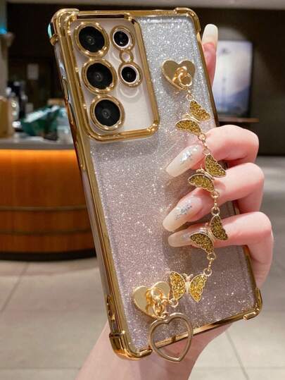 (带屏幕保护膜) (蝴蝶手链) 1 件极简主义手机壳，太空级防摔/TPU 硅胶软边豪华保护套，带防尘孔，厚边，兼容三星 Galaxy S24 Ultra/S24 Plus/S24/S23 Ultra/S23 Plus/S23/S22 Ultra/S22 Plus/S22/S21 Ultra/S21 Plus/S21 FE/S23 FE/S20 Ultra/S20 Plus/S20 FE 和支架电镀 + TPU 硅胶软边全覆盖女士/男士高端保护壳，适用于 OPPO