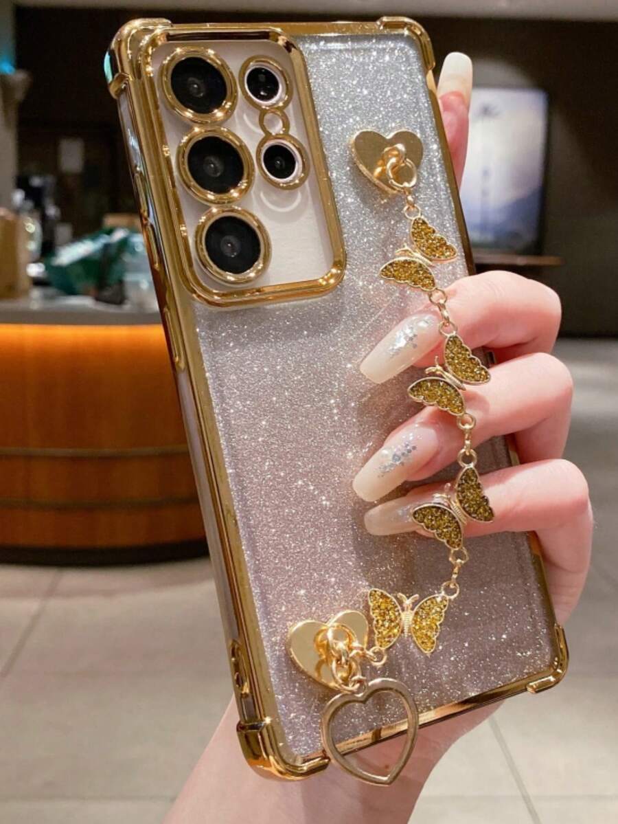 (带屏幕保护膜) (蝴蝶手链) 1 件极简主义手机壳，太空级防摔/TPU 硅胶软边豪华保护套，带防尘孔，厚边，兼容三星 Galaxy S24 Ultra/S24 Plus/S24/S23 Ultra/S23 Plus/S23/S22 Ultra/S22 Plus/S22/S21 Ultra/S21 Plus/S21 FE/S23 FE/S20 Ultra/S20 Plus/S20 FE 和支架电镀 + TPU 硅胶软边全覆盖女士/男士高端保护壳，适用于 OPPO