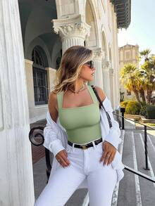 OQQ 3 Piece Bodysuits For Women Sexy Ribbed Strappy Square Neck Stretch Tank Tops Bodysuits - 黑,豆綠,白 - 查看 2