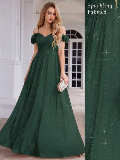 EVERPRETTY Spring Off-Shoulder Sleeveless Deep Green Bridesmaid Dress, Backless Design, Elegant And Shiny, Suitable For Formal Dinners, Parties And Semi-Formal Occasions