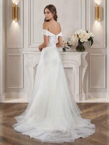 Off Shoulder  Weddding Dress For Women Tulle Lace Applique Bridal Gown