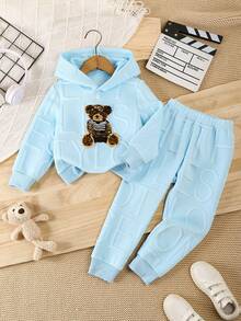 Boys' Solid Color Casual Cartoon Bear Hoodie Sweatshirt And Pants Set, Comfortable Outfit For Autumn/Winter, Suitable As A Gift