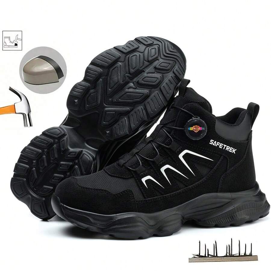 Men'S Steel-Toe Work Boots - High-Strength Safety Boots With Ankle Protection, Featuring Puncture Resistance And Slip Resistance, Round Toe Design, Breathable Lining, Suitable For Industrial Safety Protection, Steel-Toe Work Boots - 黑色 - 查看 1