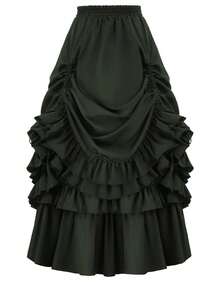 Cos Women's Vintage Spring Solid Color Waist Cinched Midi Skirt Activity Dance Skirt Cosplay Costume - 復古短裙綠色 - 查看 1