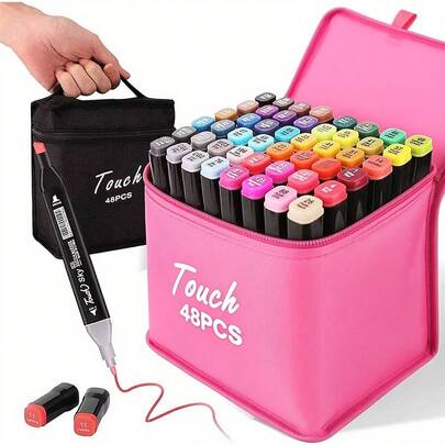 48 rotuladores de doble punta, material de oficina, cobertura total de color, secado rápido, ideales para lettering de cómic en acuarela, con base portátil. Material de arte, acuarela, flujo de tinta suave, dibujo preciso, puntas resistentes, rotuladores de alta calidad, rotuladores de colores, rotuladores artísticos, ideales para aficionados y oficinistas.