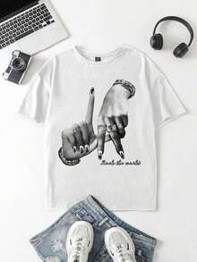 Women's Casual Simple LA Hand Gesture Print Loose Crew Neck Short Sleeve-Shirt, Summer - 白色 - 查看 2
