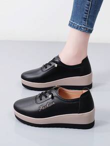 Fashionable Thick Sole Elastic Band Women's Shoes, Foil Print New Craftsmanship Platform Increase Height Make Legs Look Longer, Versatile Chunky Sole Slip-On Casual Shoes - Black - View 10