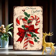 2D Flat, 1pc 12x8 Inch Vintage Christmas Metal Wall Art Sign, Candy Cane & Holly Berry Decor With Red Ribbon Bow, Rustic Iron Holiday Plaque, Suitable For Home Garden, Random Hole Style - Multicolor - View 1
