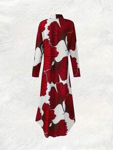 Plus Size Women's Elegant Floral Print Long Sleeve Button Down Shirt Dress, Fashionable Bohemian Full Body Print Casual V-Neck Maxi Dress With Side Slit, Polyester Blend, Machine Washable, Suitable For Spring/Summer/Fall, Ideal For Casual, Party, Vacation