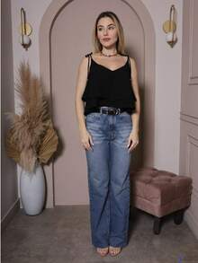 Alicie Women's Blouse With Straps, Ruffled V-Neck, Cropped - màu đen - Xem 3