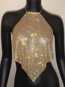 Women's Metallic Chain Rhinestone Necklace Strap, Shiny And Suitable For Music Festivals, Carnivals, Parties For Rave